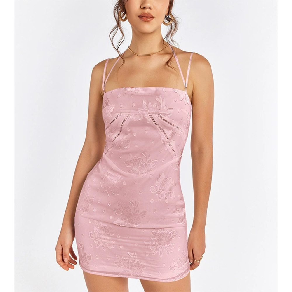 Zara Jacquard Halter Tie Backless Cutout Bodycon Mini Dress